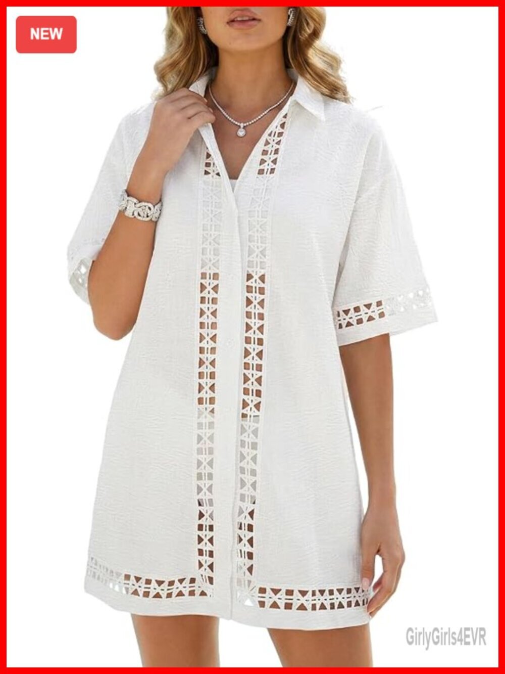 Boho Beach Swimsuit Cover Up Shirt Geometric Eyelet Button Down Vacation Outfit
